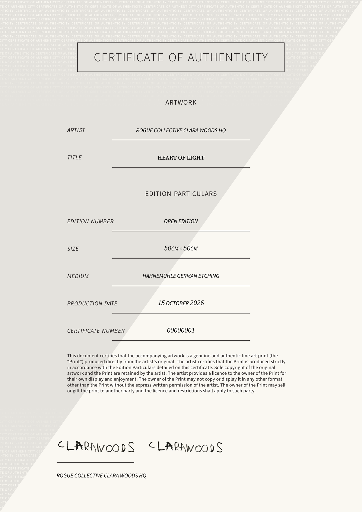 Heart of Light — Certificate of Authenticity