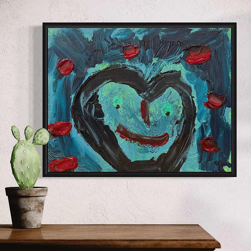 Framed abstract painting with a heart design on a white wall, accompanied by a potted cactus. Artwork "Faith" by Clara Woods