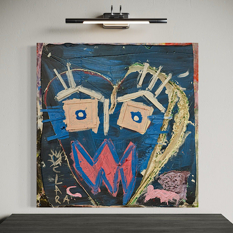 Abstract painting with geometric shapes and bold colors on a gray wall. Artwork Awkwardness by Clara Woods