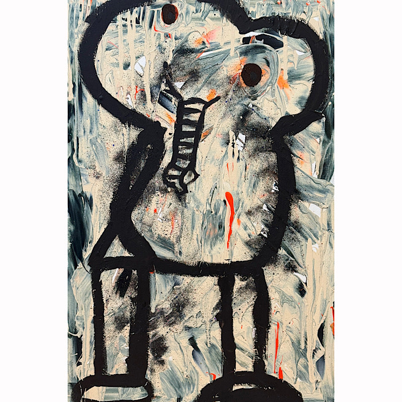 Abstract artwork with black and white shapes on a textured background. Artwork The Elephant by Clara Woods