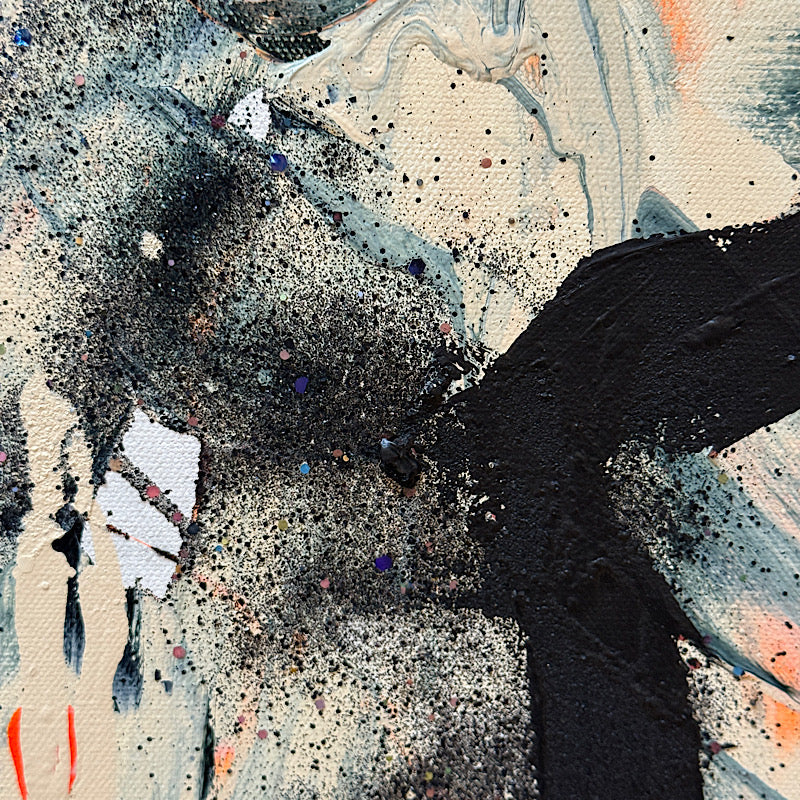 Abstract art with black brushstroke on a multicolored background. Details of the Artwork The Elephant by Clara Woods