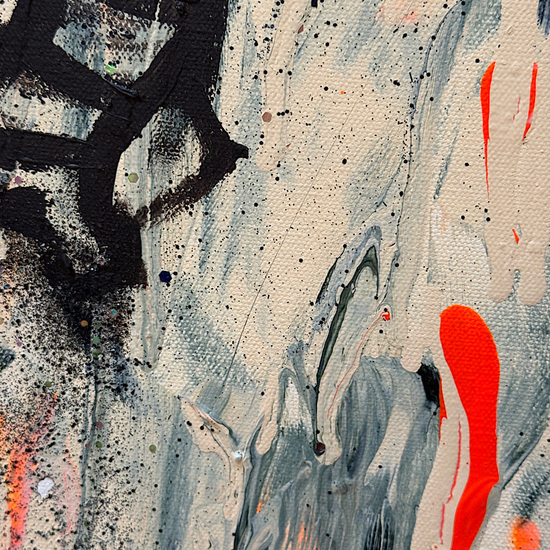 Abstract art with black, gray, red, and orange colors on a textured surface. Details of the Artwork The Elephant by Clara Woods