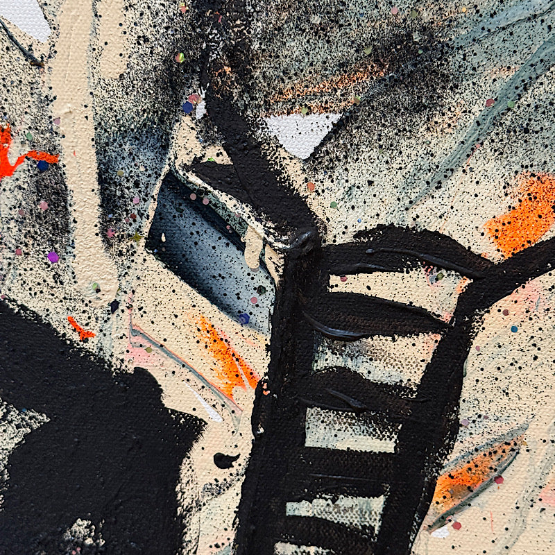 Abstract artwork with black shoe, colorful splashes on a textured background. Details of the Artwork The Elephant by Clara Woods