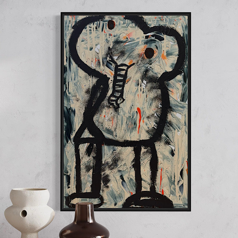 Abstract artwork of an elephant on a gray wall with decorative vases below. Artwork The Elephant by Clara Woods