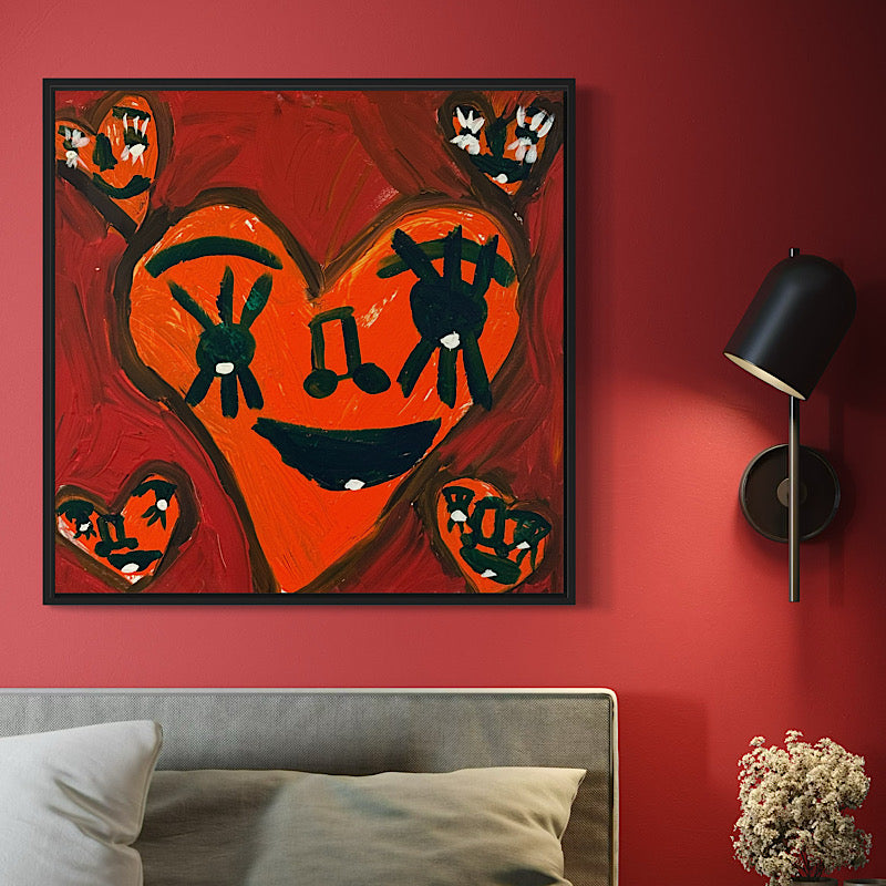 Abstract artwork with hearts and musical notes on a red wall above a sofa. Artwork Broken by Clara Woods