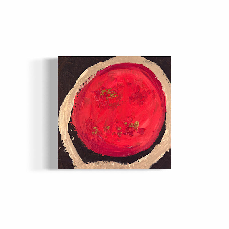 Little Mars original painting by Clara Woods — bold red planet with gold leaf details on black background, side view showing canvas depth, 12x12 in, 2026