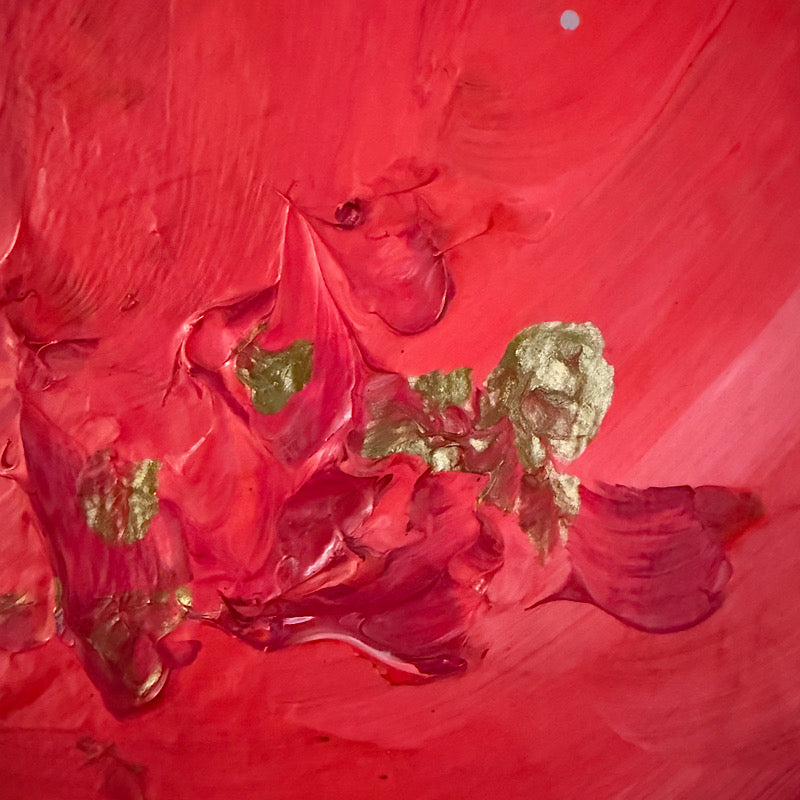 Little Mars close-up detail — vibrant red acrylic texture with gold leaf accents, Clara Woods Collection, 2026