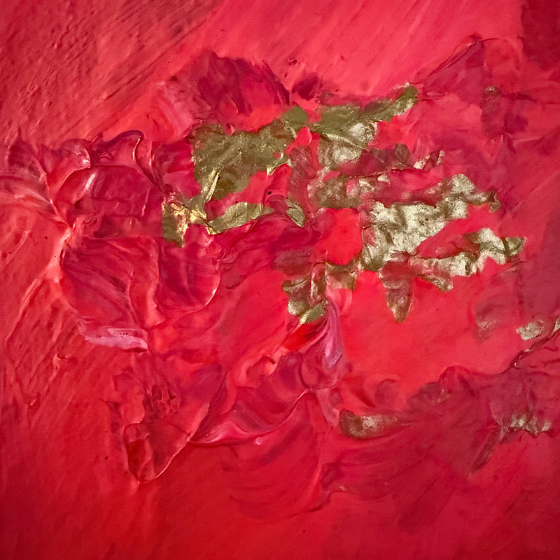 Little Mars original painting by Clara Woods — product shot on white background, red planet with gold leaf on dark canvas, 12x12 in