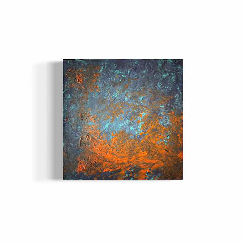 Little Mercury original painting by Clara Woods — side view showing canvas depth, deep blue and fiery orange acrylic textures, 12x12 in, 2026