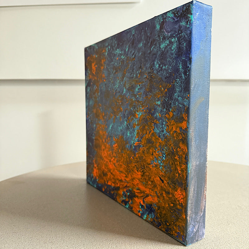 Little Mercury close-up detail — dark blue and burnt orange acrylic texture with teal accents, Clara Woods Collection, 2026