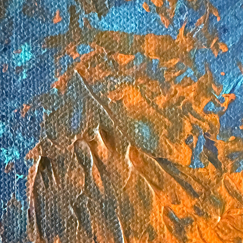 Little Mercury close-up detail — warm orange and deep blue acrylic layers with expressive brushwork, Clara Woods Collection, 2026