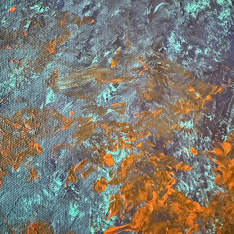 Little Mercury original painting by Clara Woods hanging on white paneled wall, 12x12 in, deep blue and orange abstract planet, styled with coastal decor