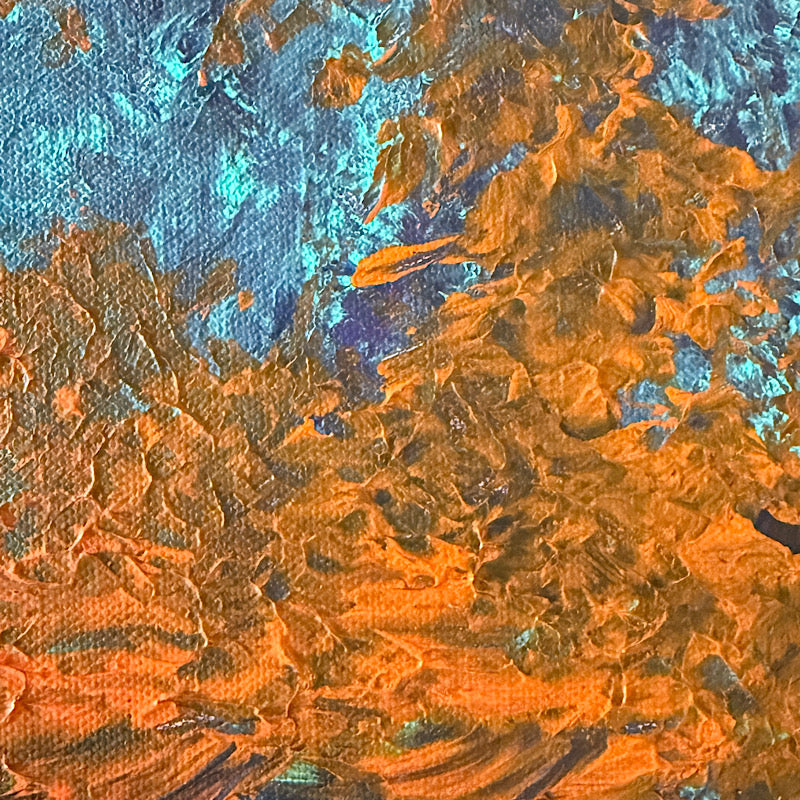 Little Mercury original painting by Clara Woods — product shot, deep blue and fiery orange abstract canvas, 12x12 in, 2026