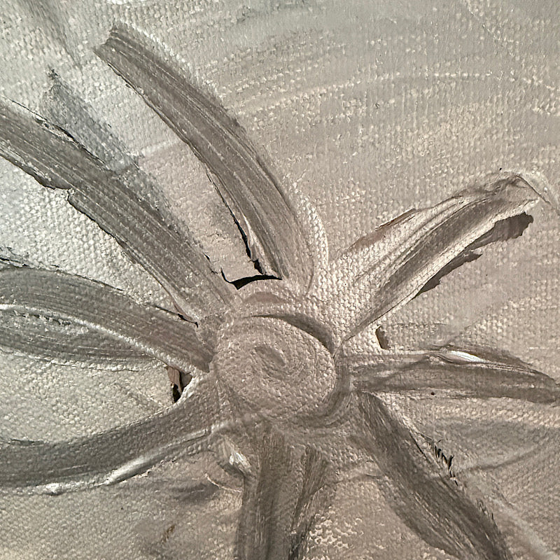Little Moon original painting by Clara Woods — detail view showing silver star and figure motifs with black acrylic on pale lavender background, 12x12 in, 2026