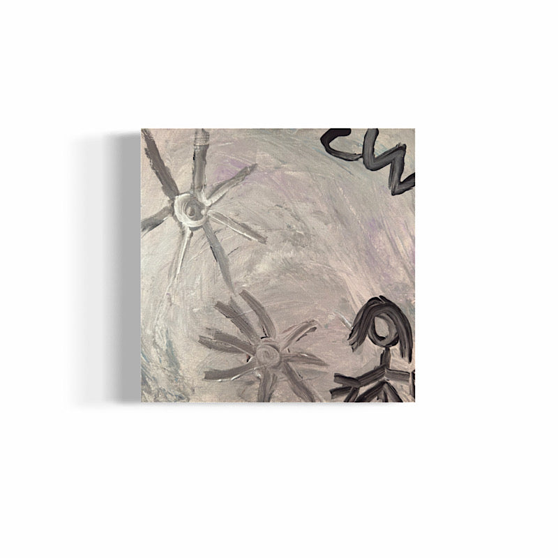Little Moon original painting by Clara Woods — full canvas on white background, silver and lavender tones with star and figure motifs, 12x12 in, 2026