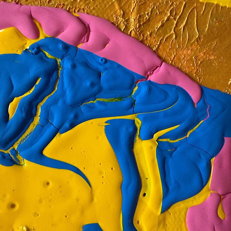 Little Venus original painting by Clara Woods — side view showing canvas depth, swirling yellow and gold acrylic with pink and blue center, 14x14 in, 2026