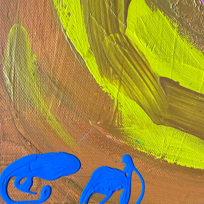 Little Venus close-up detail — yellow-green and gold brushstrokes with blue figure motifs at base, Clara Woods Collection, 2026