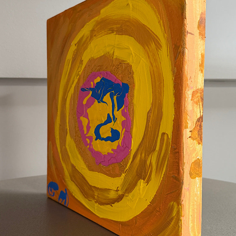 Little Venus original painting by Clara Woods — full canvas on white background, concentric yellow and gold swirls with pink and blue center, 14x14 in, 2026