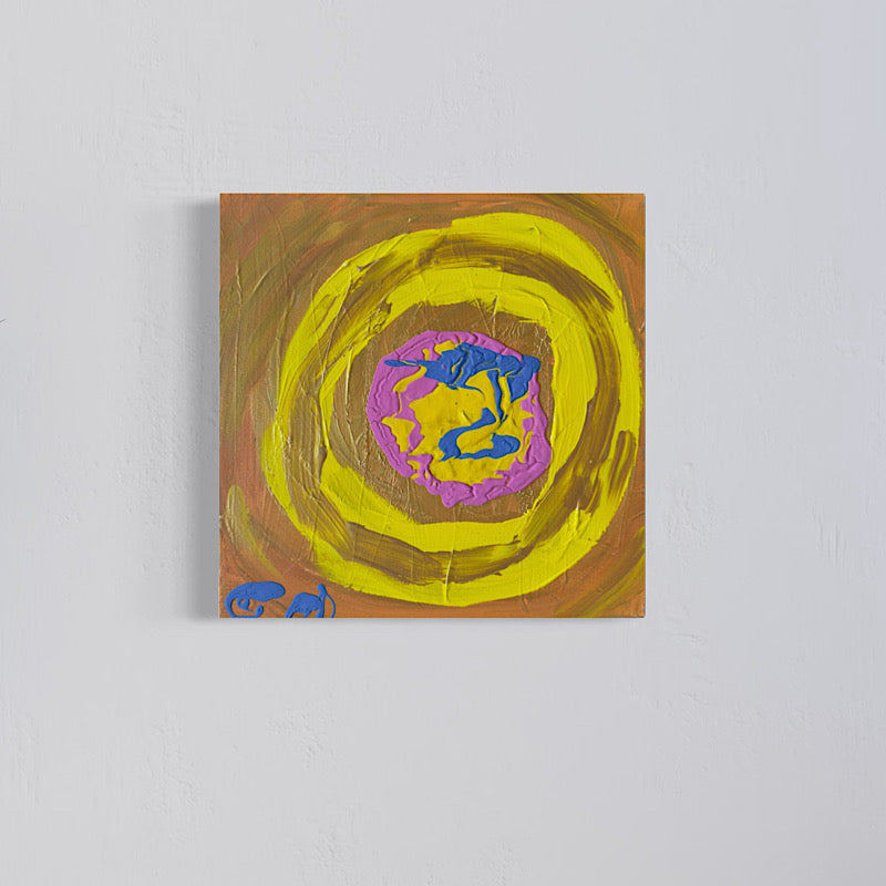 Little Venus close-up detail — thick impasto yellow and gold acrylic layers with expressive brushwork, Clara Woods Collection, 2026