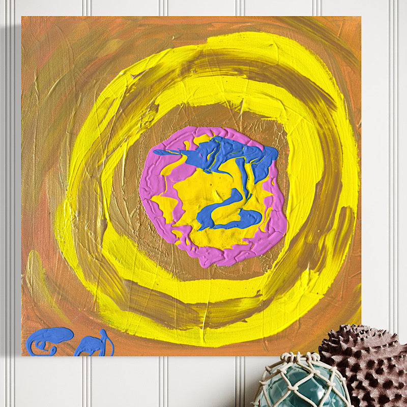 Little Venus original painting by Clara Woods — product shot on neutral background, yellow and gold swirls with pink and blue center, 14x14 in, 2026