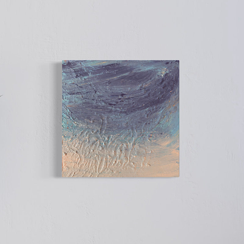 Little Uranus original painting by Clara Woods — close-up detail of icy blue and cream acrylic texture with silver shimmer, 14x14 in, 2026