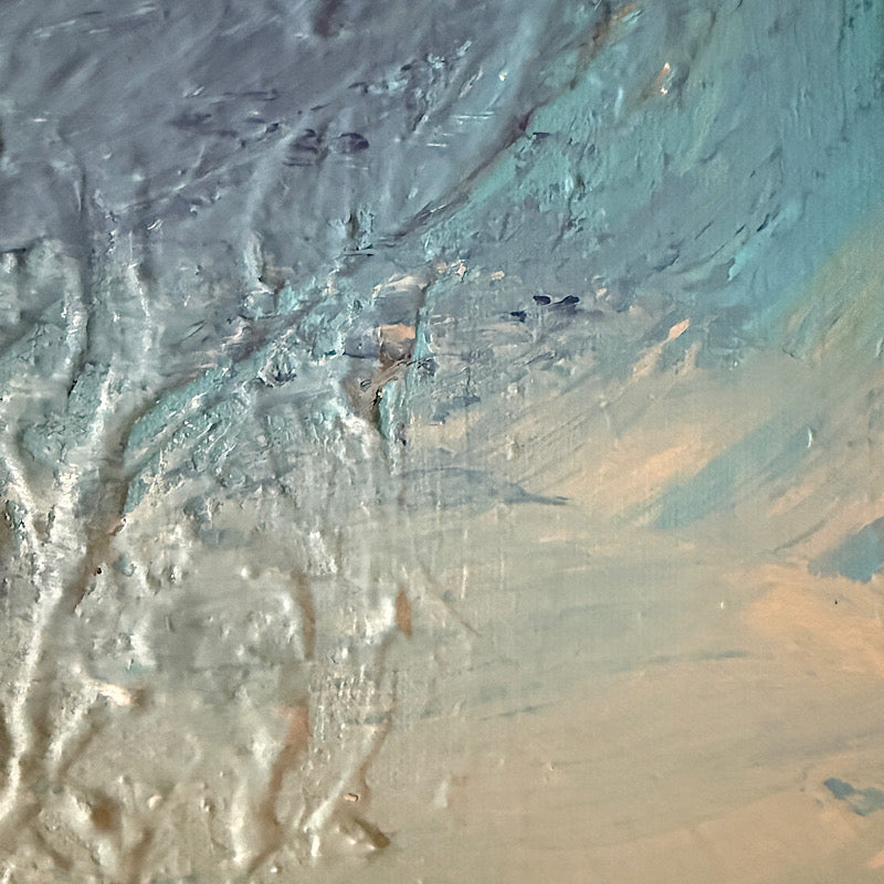 Little Uranus close-up detail — icy blue and cream acrylic swirls with silver shimmer and teal undertones, Clara Woods Collection, 2026