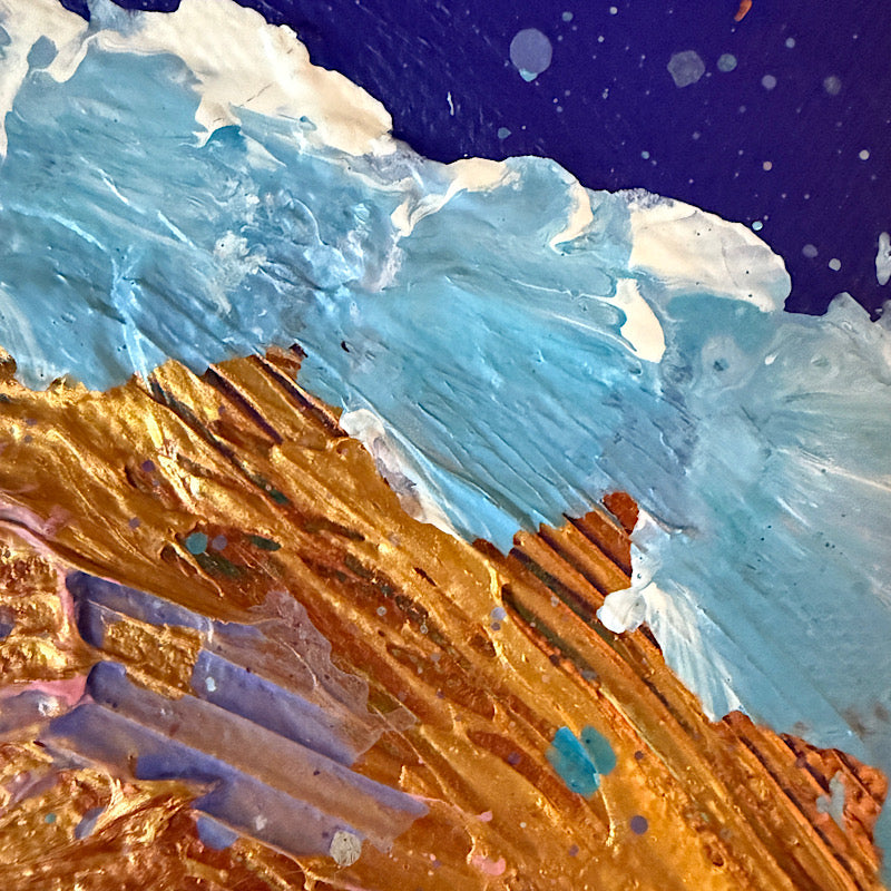 Little Jupiter close-up detail — teal and gold acrylic swirls with pink and lavender accents, expressive impasto technique, Clara Woods Collection, 2026