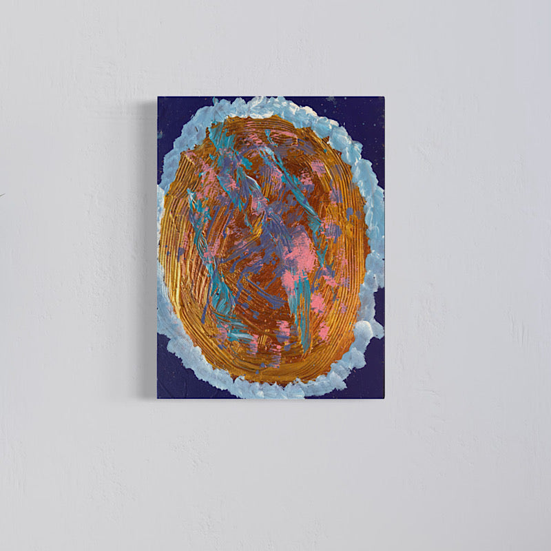 Little Jupiter original painting by Clara Woods — detail view showing full planet composition, gold impasto with teal and pink brushstrokes on navy canvas, 16x12 in, 2026