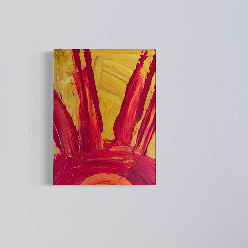 Little Sun original painting by Clara Woods — close-up detail of bold yellow and crimson red acrylic rays with thick impasto texture, 16x12 in, 2026
