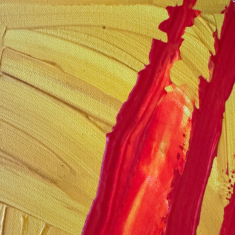 Little Sun close-up detail — deep crimson and orange acrylic rays with rich layered texture, Clara Woods Collection, 2026