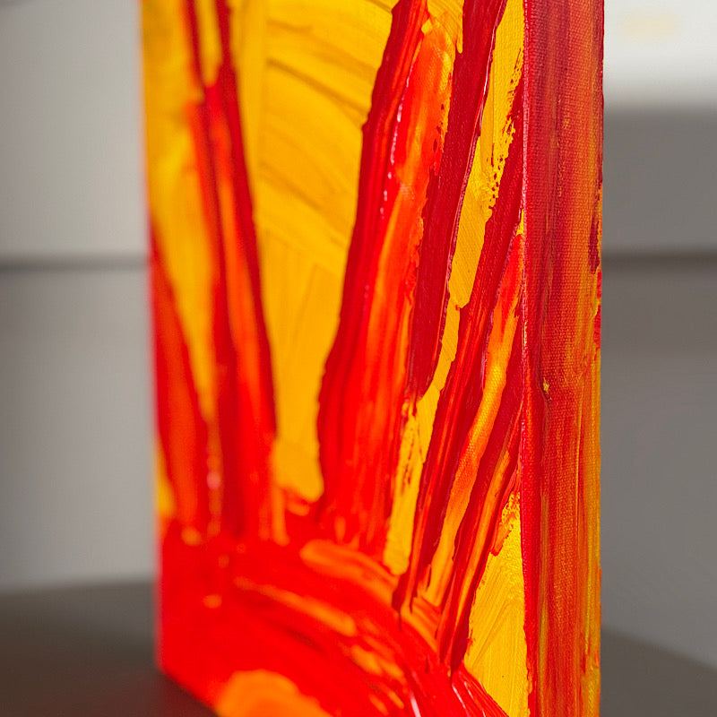 Little Sun close-up detail — sweeping red and orange acrylic brushstrokes with yellow undertones, expressive impasto technique, Clara Woods Collection, 2026