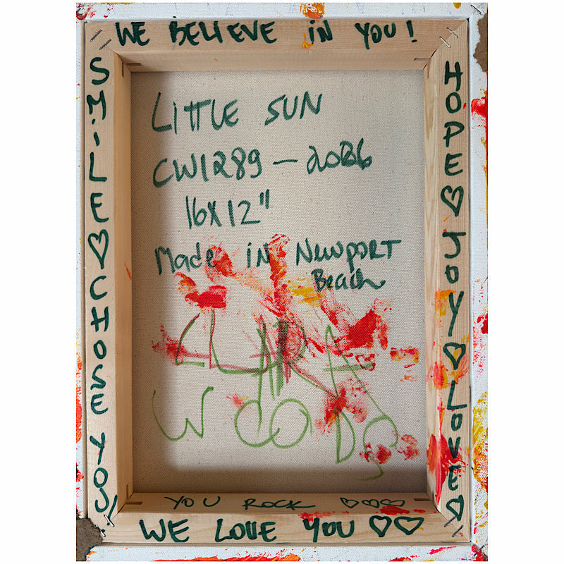 Little Sun original painting by Clara Woods — product shot on neutral background, fiery yellow and red acrylic sun with bold impasto rays, 16x12 in, 2026