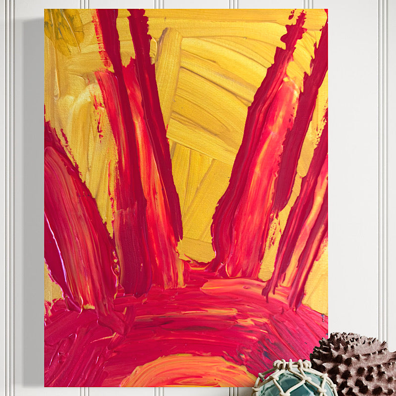 Little Sun original painting by Clara Woods — additional detail view, layered yellow, red and orange acrylic rays with expressive brushwork, Clara Woods Collection, 2026
