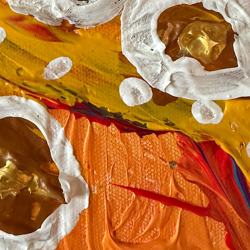 Little Saturn original painting by Clara Woods — product shot on white background, vibrant orange and yellow canvas with multiple white impasto rings and gold leaf centers, 16x12 in, 2026