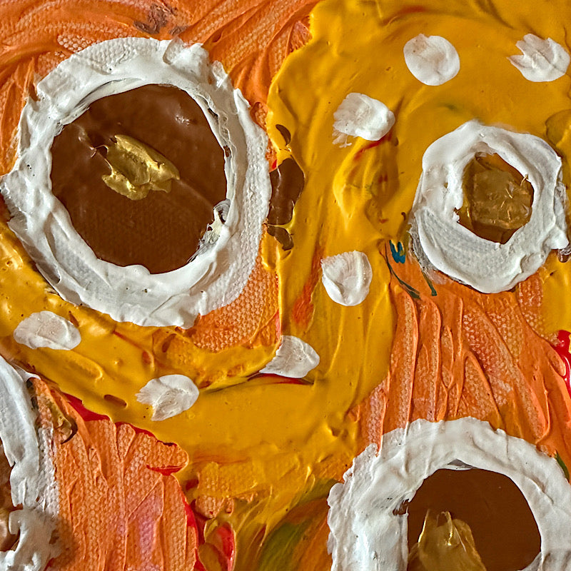 Little Saturn original painting by Clara Woods — additional detail view, orange and yellow acrylic with white impasto rings and gold leaf centers, Clara Woods Collection, 2026