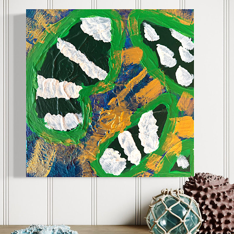 Little Earth original painting by Clara Woods — product shot on white wall, bold green acrylic swirls with white impasto cloud motifs and gold and blue brushstrokes, 16x16 in, 2026