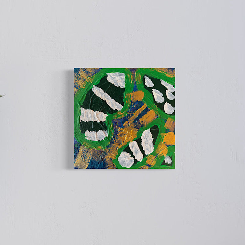 Little Earth close-up detail — raised white impasto cloud shapes on deep green acrylic background with gold and blue undertones, Clara Woods Collection, 2026