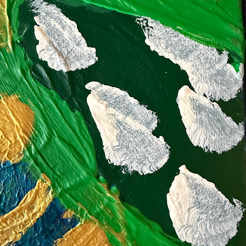 Little Earth close-up detail — rich gold and deep blue acrylic layers with green swirls, expressive impasto technique, Clara Woods Collection, 2026
