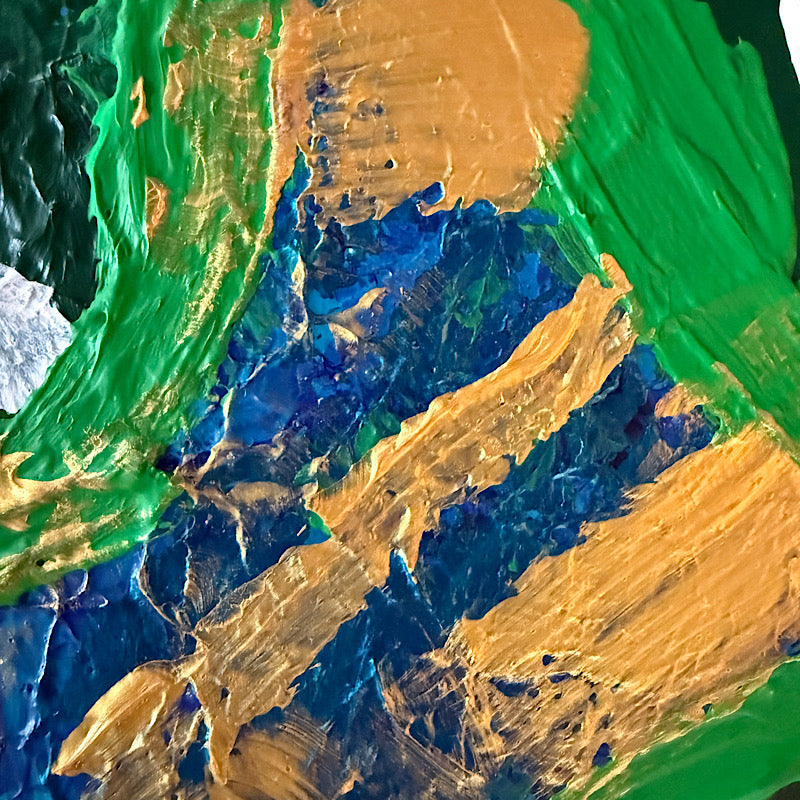 Little Earth close-up detail — white impasto clouds with gold and green acrylic brushstrokes, layered texture, Clara Woods Collection, 2026