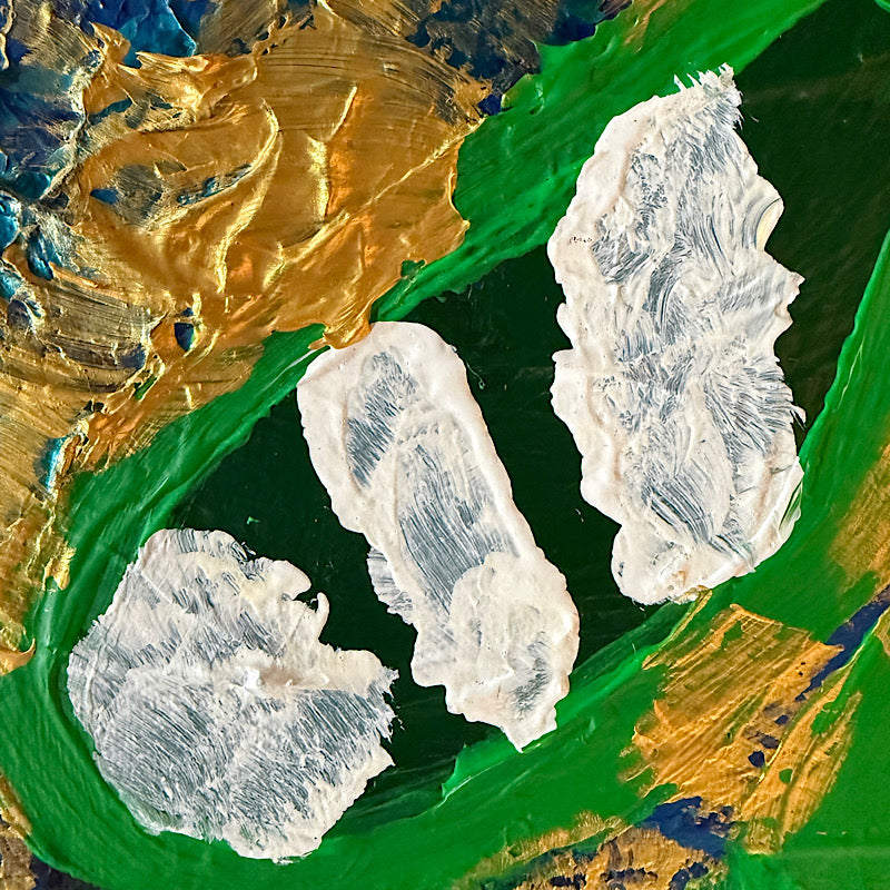 Little Earth close-up detail — bold green acrylic swirl with white impasto clouds and gold and blue brushstrokes, aerial Earth view effect, Clara Woods Collection, 2026