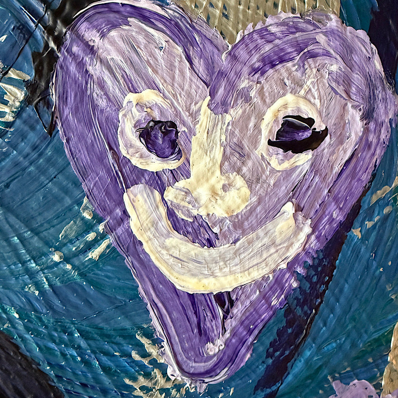 Little Neptune close-up detail — lavender and cream impasto face motif with deep purple and blue acrylic layers, Clara Woods Collection, 2026