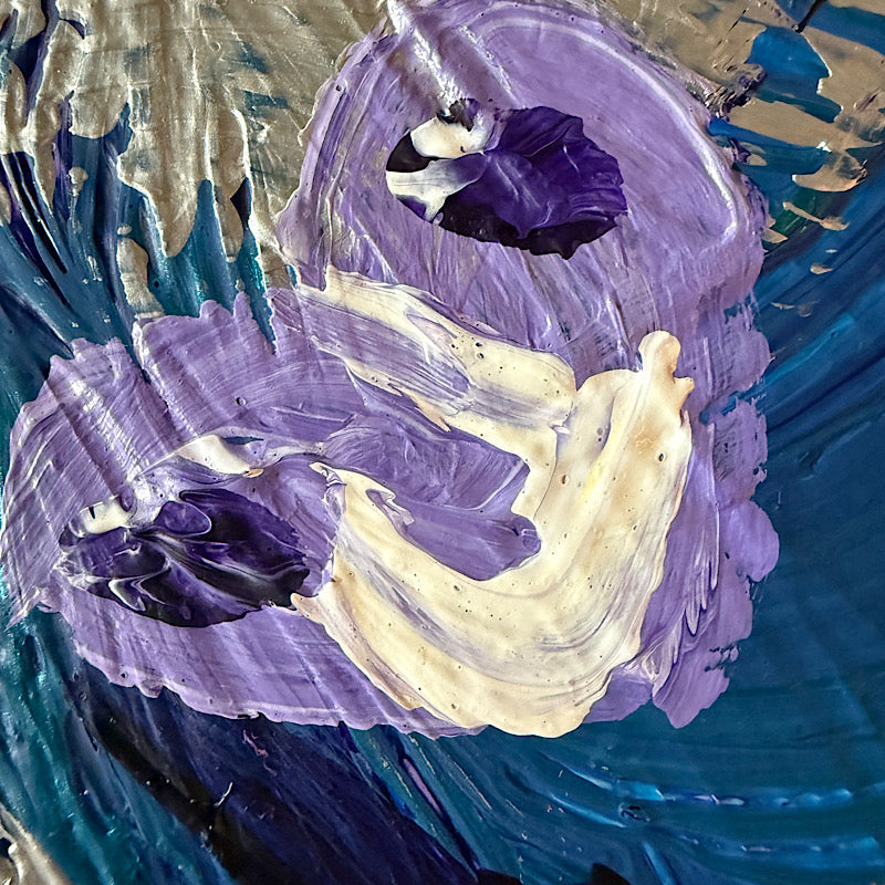 Little Neptune original painting by Clara Woods — full canvas product shot on grey background, deep blue and teal swirls with smiling purple heart and smaller face motifs, 12x12 in, 2026