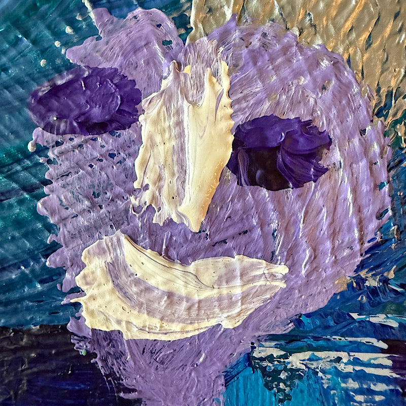 Little Neptune original painting by Clara Woods — additional product view on grey background, deep blue and teal swirls with smiling purple heart and face motifs, 12x12 in, 2026