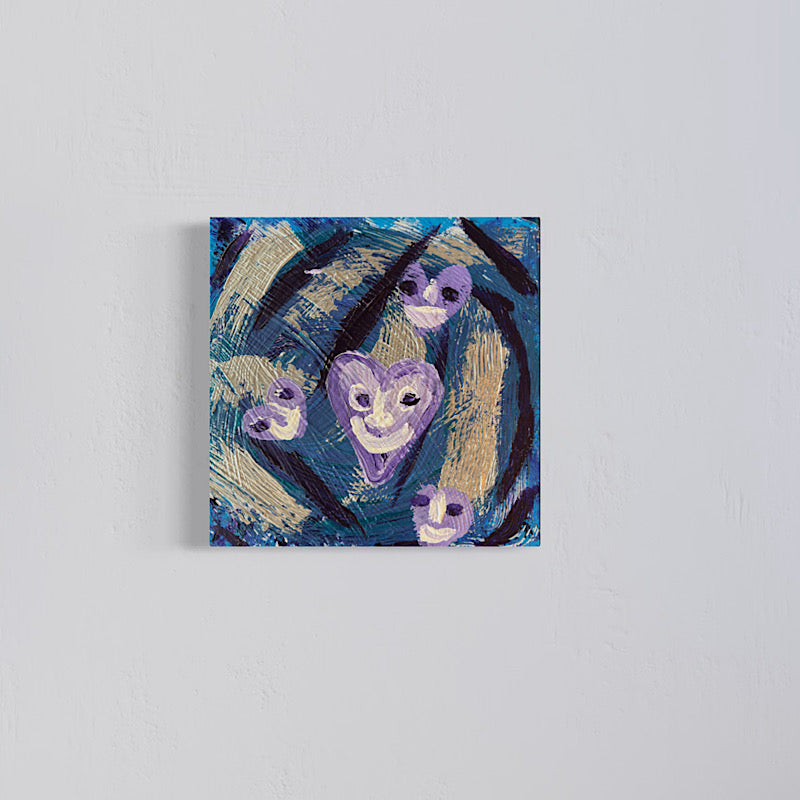 Little Neptune original painting by Clara Woods — detail view showing full composition, deep blue and teal background with smiling purple heart and smaller face motifs, 12x12 in, 2026