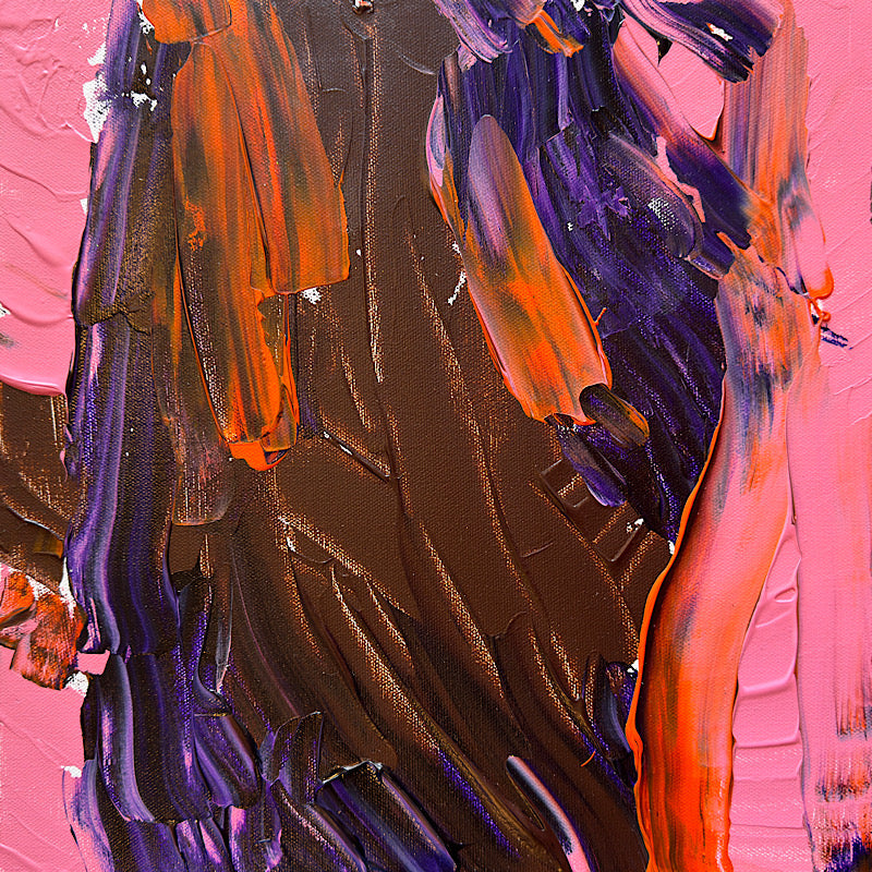 Little Ocean 01, original acrylic painting by Clara Woods, 14x14 in, 2026 — close-up detail showing bold pink, deep purple and burnt orange brushstrokes
