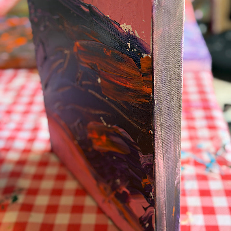 Little Ocean 01, detail close-up of thick impasto purple and violet brushstrokes on acrylic canvas