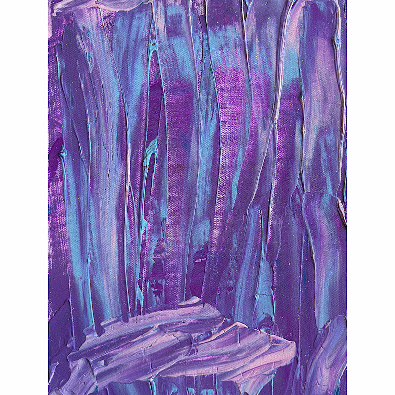 Little Ocean 02, original acrylic painting by Clara Woods, 16x12 in, 2026 — close-up detail showing layered purple, lavender and teal brushstrokes with glitter shimmer