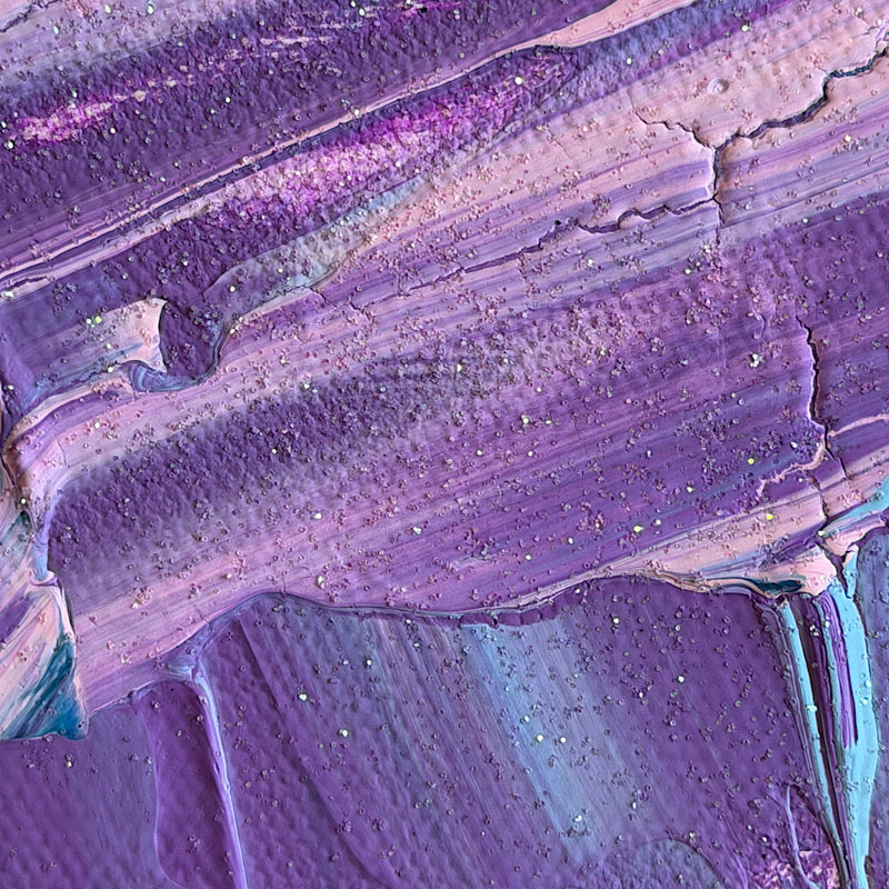 Little Ocean 02, close-up detail of deep magenta and violet impasto brushstrokes with silver glitter highlights