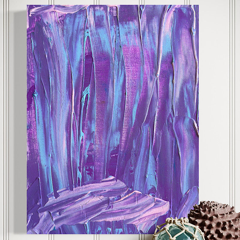 Little Ocean 02, full canvas view without background — vivid violet and cobalt blue vertical strokes with lavender rock formation at base
