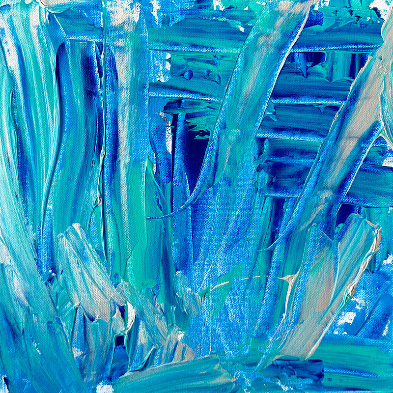 Little Ocean 03, original acrylic painting by Clara Woods, 14x14 in, 2026 — close-up detail of cobalt blue and teal metallic brushstrokes with shimmering white highlights